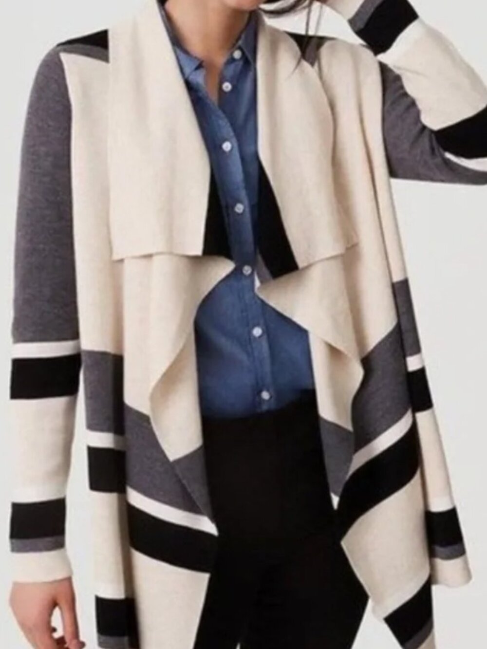 LOFT Cream, Gray & Black Striped Draped Cardigan